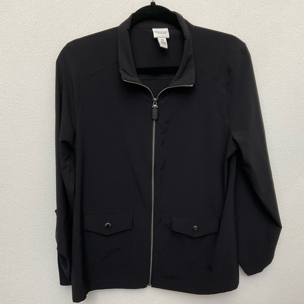 Weekends By Chico's Black Double Chest Pocket Zip Up Light Jacket Size 0 (S/4)
